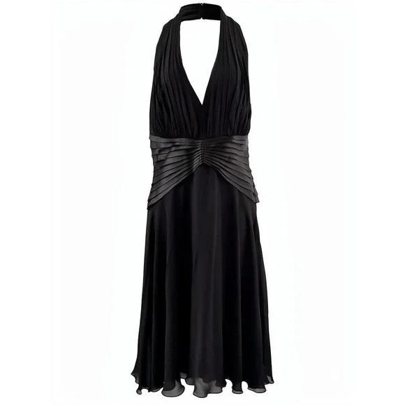 Vintage Tadashi Dress Womens 10 Black Silk Halter Pleated Y2K Gown Whimsigoth - Picture 1 of 16